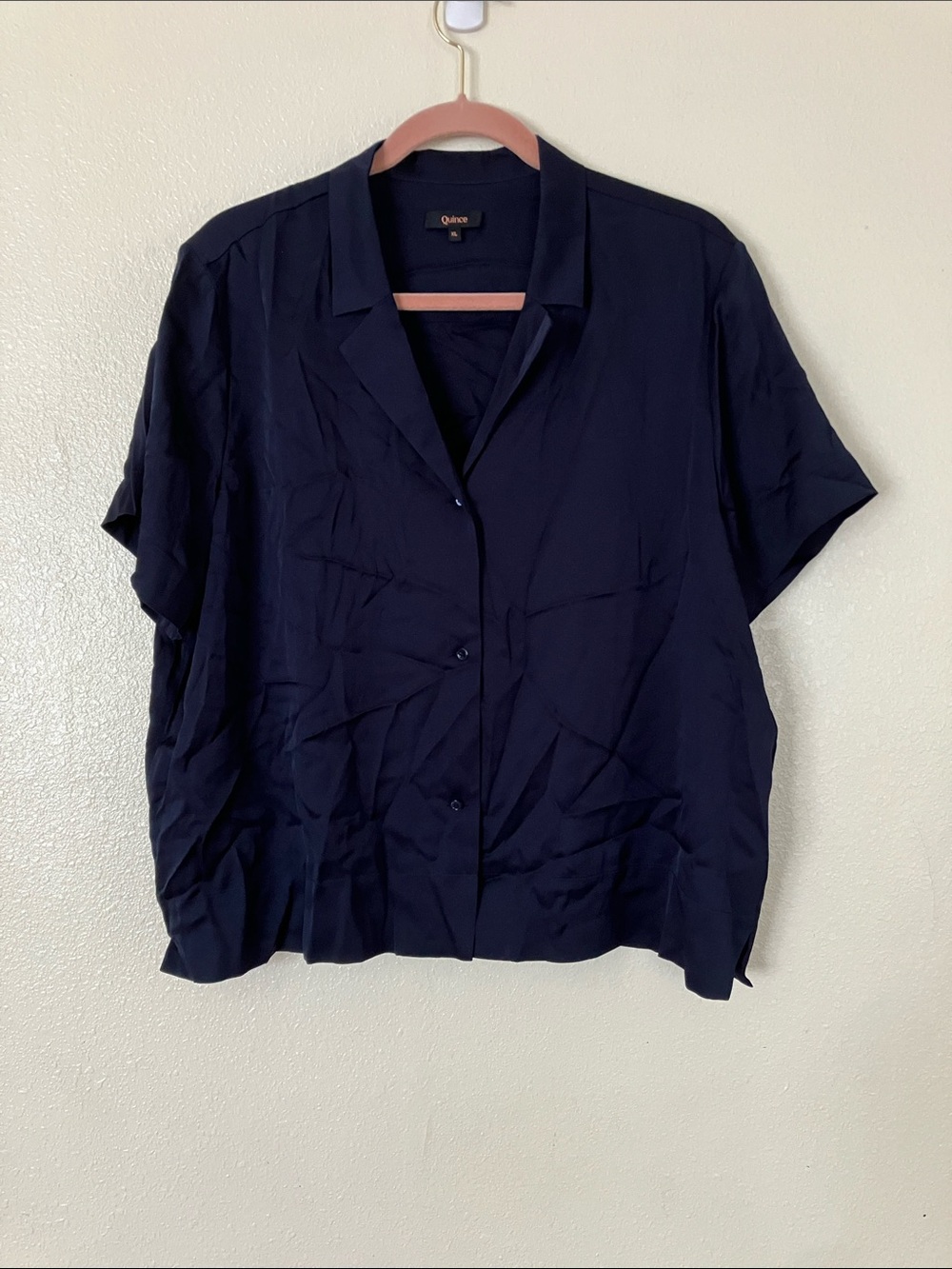 Quince Silk Navy Button Front Cropped Blouse